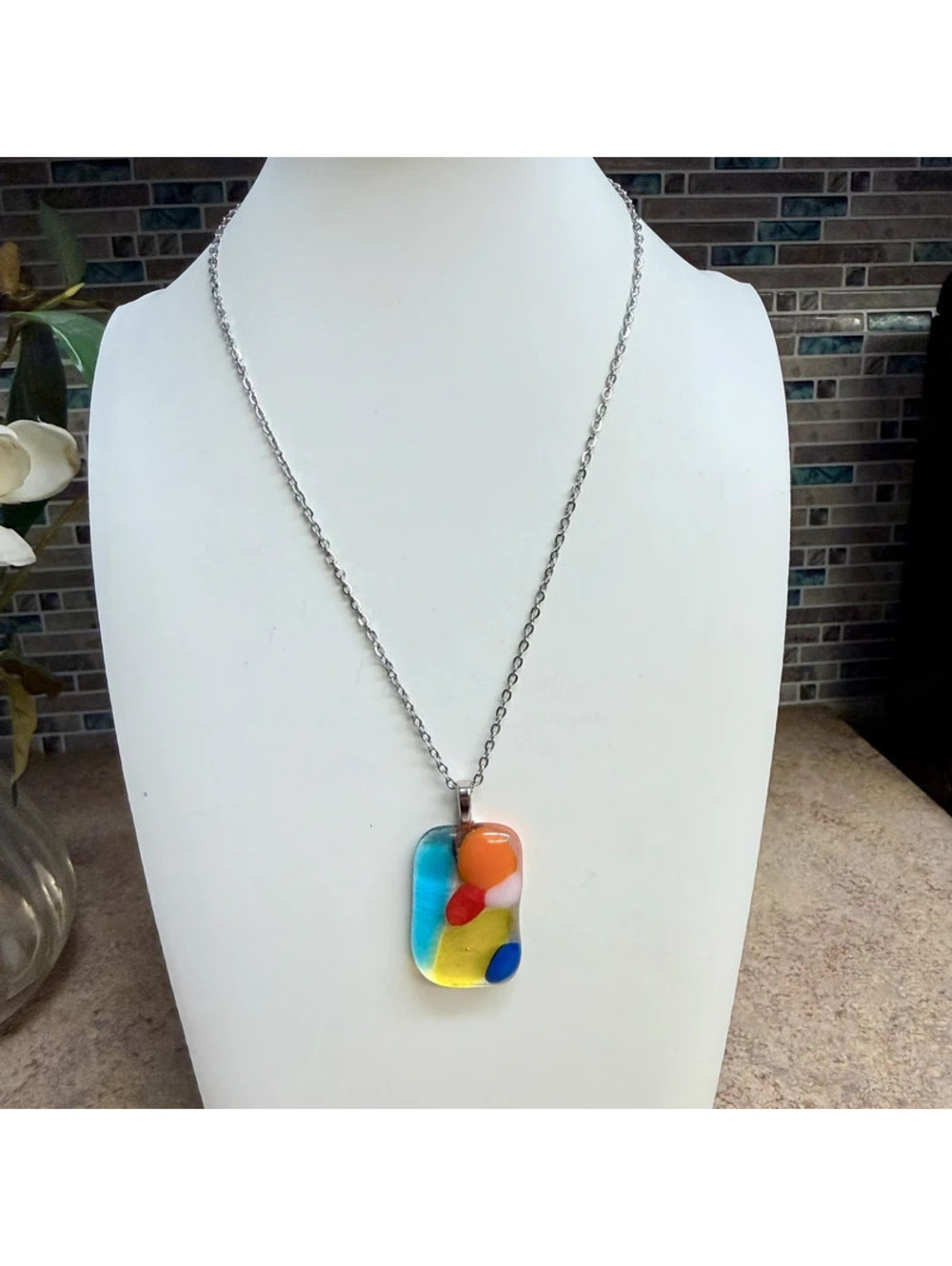 Artisan Handmade Fused Glass Pendant Necklace Multi-Color Abstract Mod Retro